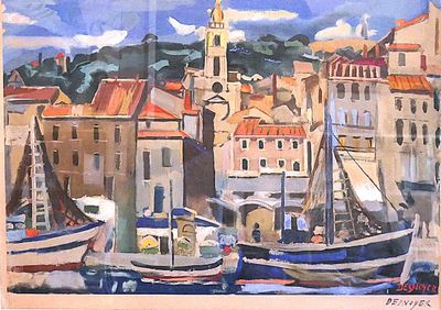 painting of boats in a harbor with a church in the background