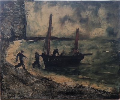 une peinture représentant un bateau dans l'eau avec des personnes à bord