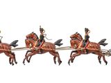 four figurines of horses pulling a carriage with a man on it