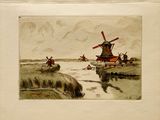 tableau représentant des moulins à vent au bord d'une rivière, avec un bateau au premier plan