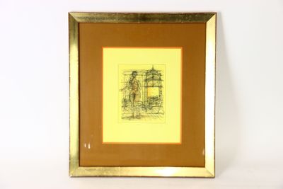 framed drawing of a building with a clock on the top of it