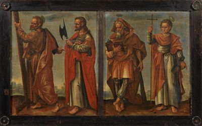 trois panneaux d'un tableau représentant un homme armé d'une épée et d'autres personnages