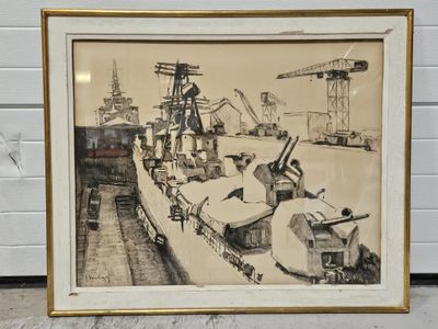dessin encadré représentant un navire à quai, avec une grue en arrière-plan