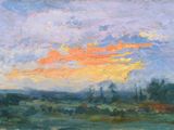 a painting of a painting of a sunset over a field