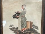 an old painting of a woman holding a hat and a suitcase
