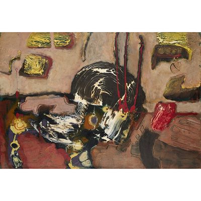 a painting of a dog sitting on a couch in a living room