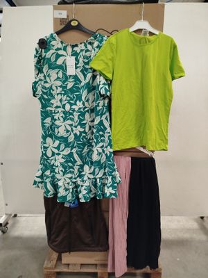 two women ' s shirts hanging on a rack in a clothing store