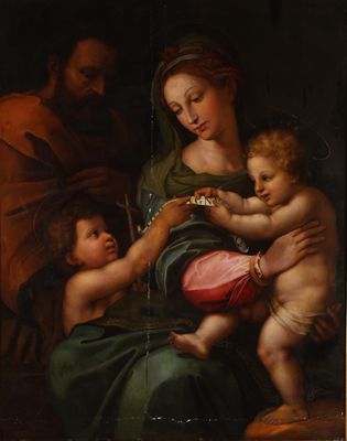 une image représentant un tableau où l'on voit une femme tenant un bébé dans ses bras, accompagnée de deux autres personnes