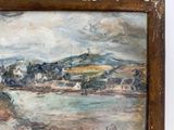 painting of a view of a river with a village in the distance