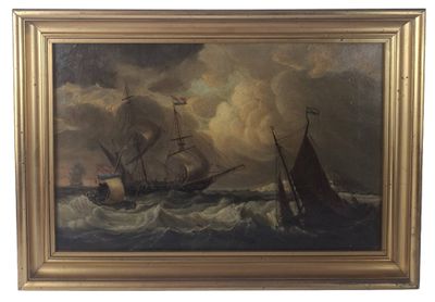 an oil painting of two ships in rough water with clouds in the background
