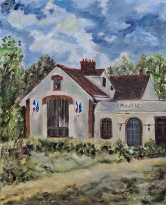 an oil painting of a white house with a flag on the roof