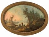 an image of a painting of a man and a woman sitting on a hill by a lake
