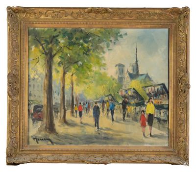 an oil painting of people walking down a street with a church in the background