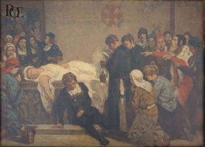 un tableau représentant un homme allongé sur un lit d'hôpital