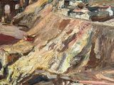 an oil painting of a view of a city from the top of a hill