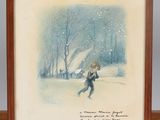painting of a boy running in the snow with a snowboard
