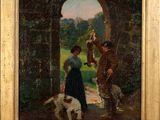 une image représentant un tableau où l'on voit une femme avec un chien et un cheval