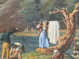 a painting of a group of people hanging out clothes on a tree