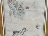 painting of a woman sitting in a chair with a dog and a cat