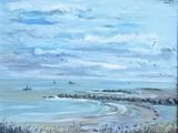 an oil painting of a beach scene with a boat in the water