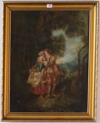 un tableau représentant un couple s'embrassant dans un décor boisé