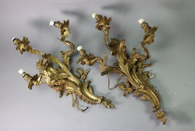 pair of antique brass wall sconces with flowers and leaves