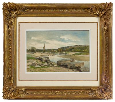 un tableau représentant un paysage avec une rivière et une église au loin