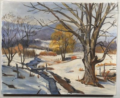 une peinture à l'huile représentant un paysage enneigé avec des arbres et un ruisseau