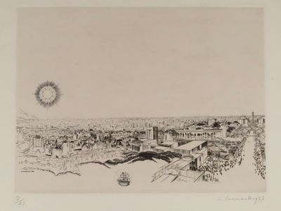 drawing of a view of a city with a sun in the sky