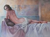a painting of a naked woman laying on a bed