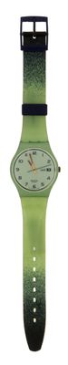une montre verte avec un bracelet noir et un cadran blanc