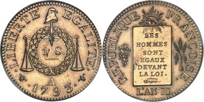 an old coin with a picture of a man holding a sword