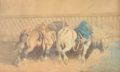 un tableau représentant un groupe de chevaux tirant un homme à cheval