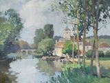 a painting of a river with a bridge in the background
