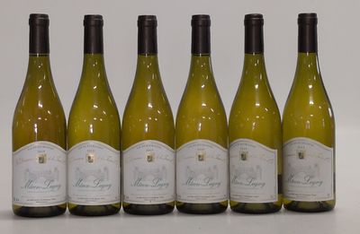 six bottles of white wine lined up in a row on a table