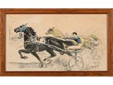 tableau représentant deux chevaux tirant une calèche dans laquelle se trouve un homme