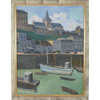 an oil painting of boats in a harbor with buildings in the background