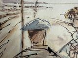 a drawing of a man and a woman riding in a car