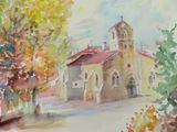 a watercolor painting of a church on a sunny day