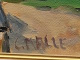 a painting of a woman walking a dog down the street