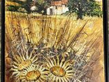 an oil painting of a cactus plant in a field with a barn in the background