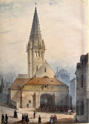 peinture représentant une église avec un clocher et une foule de gens à l'extérieur