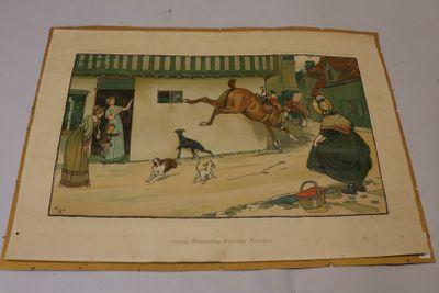 une photo d'une photo représentant un homme à cheval et un chien