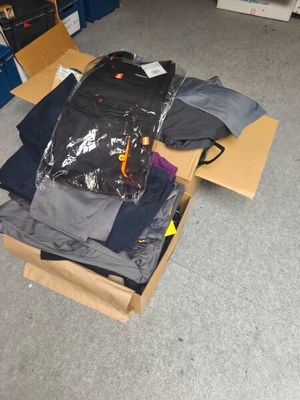 une pile de vêtements dans une boîte en carton posée sur le sol
