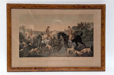 tableau représentant un homme à cheval accompagné de deux chiens et un autre homme à cheval accompagné de deux chiens