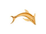 a close up of a gold dolphin brooch on a white background