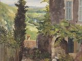 une peinture à l'huile représentant une maison avec des volets aux fenêtres