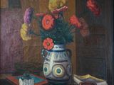 a painting of flowers in a vase on a table