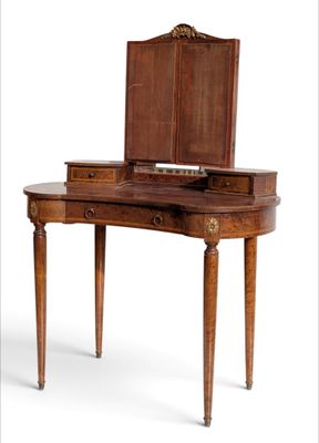 an image of a wooden vanity with a mirror on it