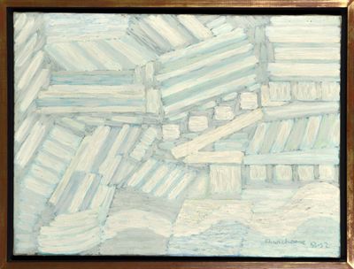 a painting of books stacked on top of each other in a wooden frame